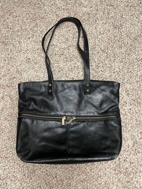 Pelle Classic Black Leather Tote Bag with gold hardware and Front Zip Pockets